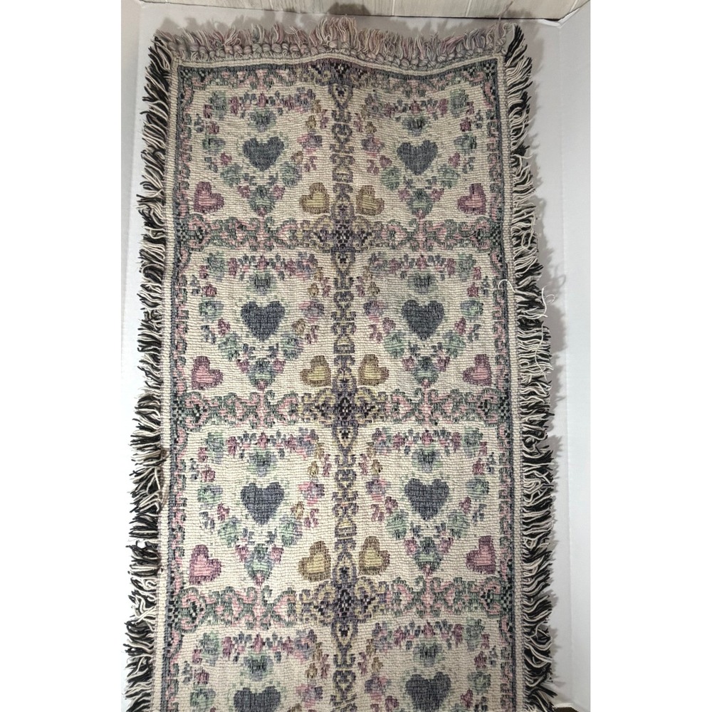 Accent Rug 20.5x40 Lots of Hearts Woven Cotton 80s 90s pink blue green